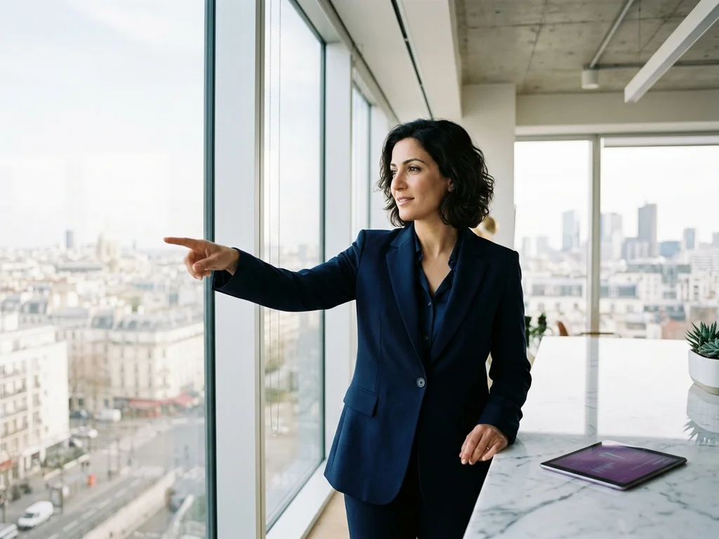 Experte SEO accueillante à Neuilly montrant l'accès à l'agence depuis son bureau lumineux.