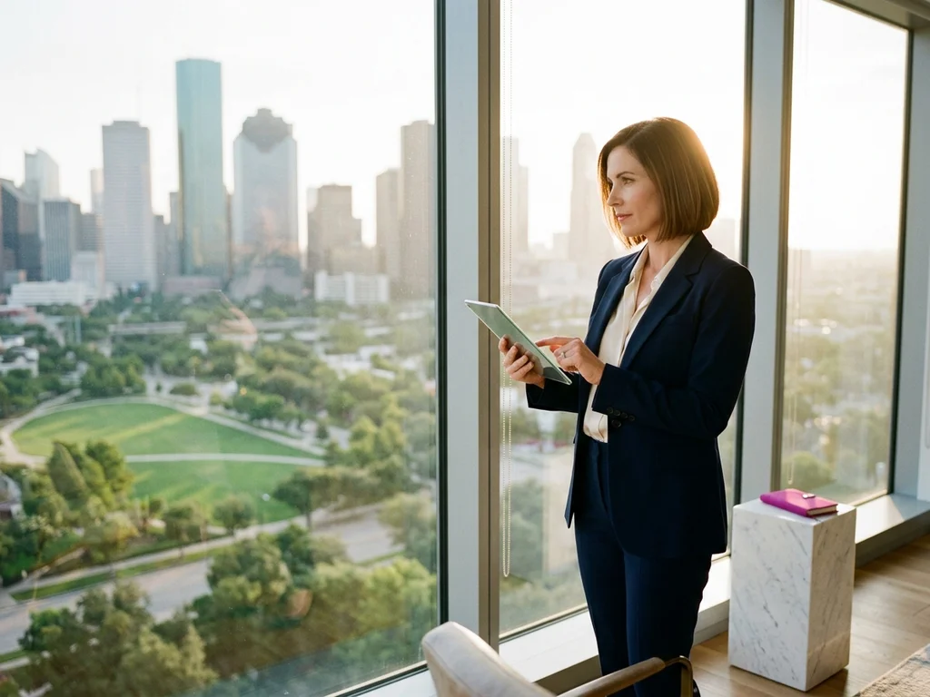 Conseillère en stratégie devant le quartier d'affaires, illustrant l'expertise SEO locale à Neuilly.