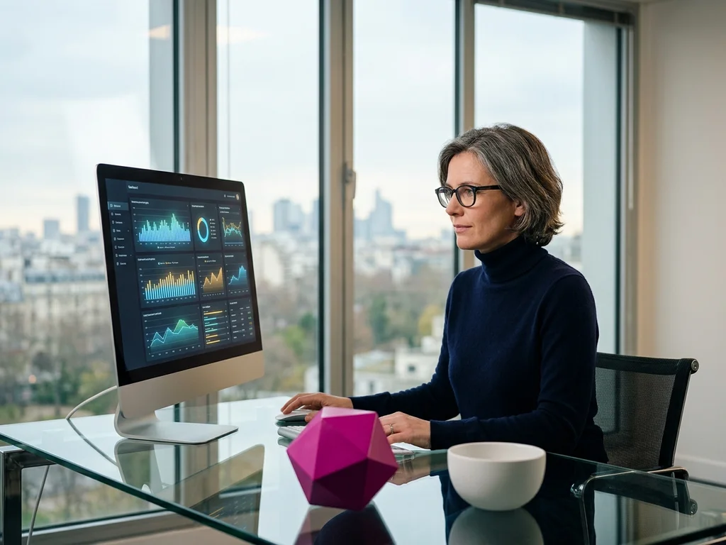Consultante SEO analysant des graphiques de performance sur un écran haute technologie à Neuilly.