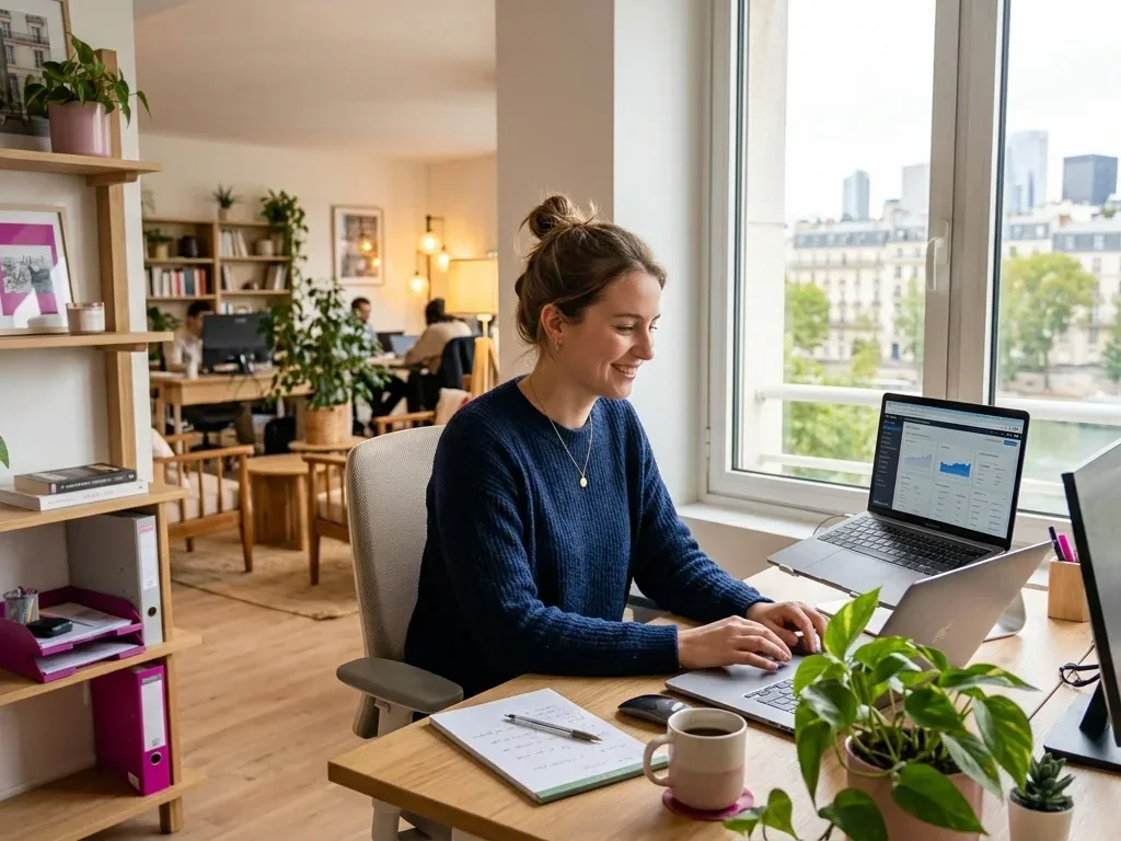 Une ingénieure SEO analyse des graphiques de données techniques complexes sur plusieurs écrans haute résolution.