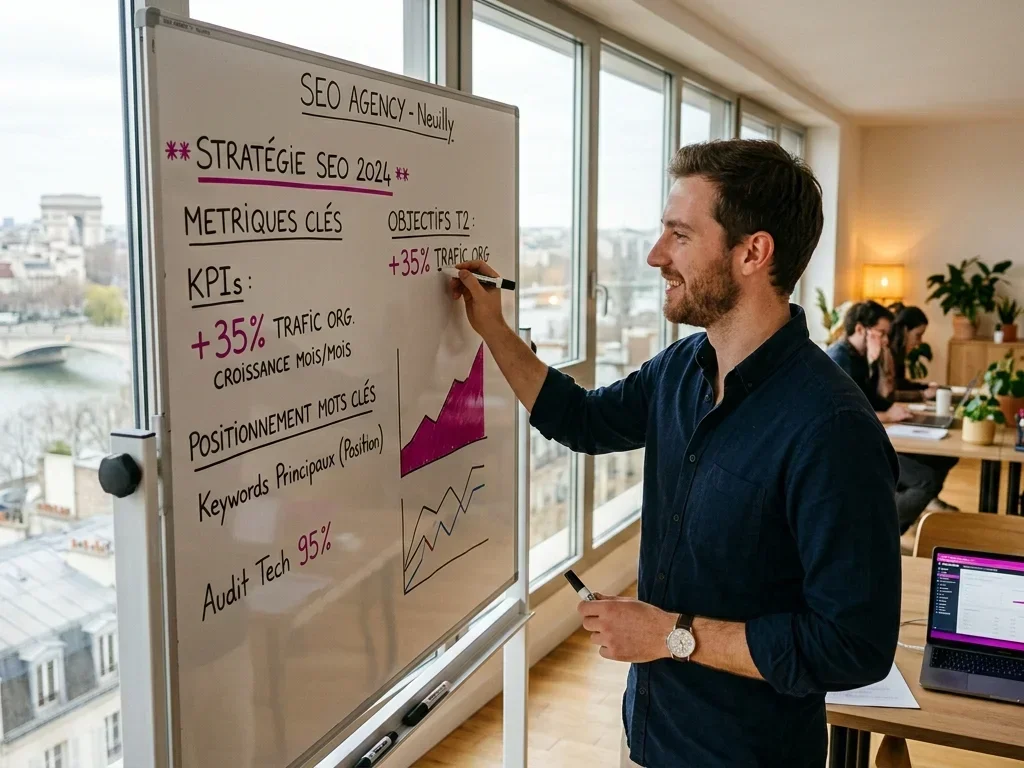 Expert SEO structurant un réseau sémantique sur tableau pour une stratégie de contenu dominante.
