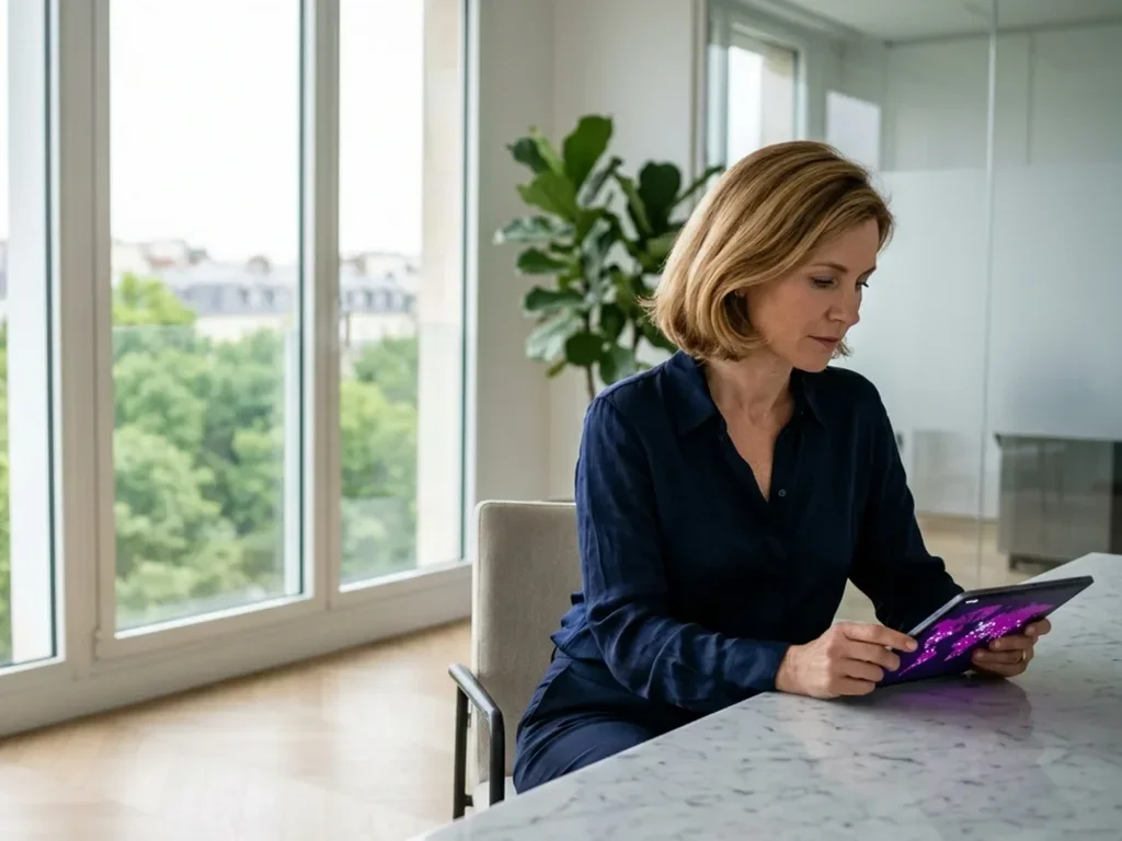 Consultante SEO analysant une stratégie digitale à Neuilly pour un devis personnalisé en agence.