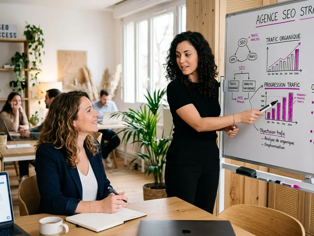 Une experte SEO présente une analyse de performance digitale pour une entreprise de Neuilly-sur-Seine.