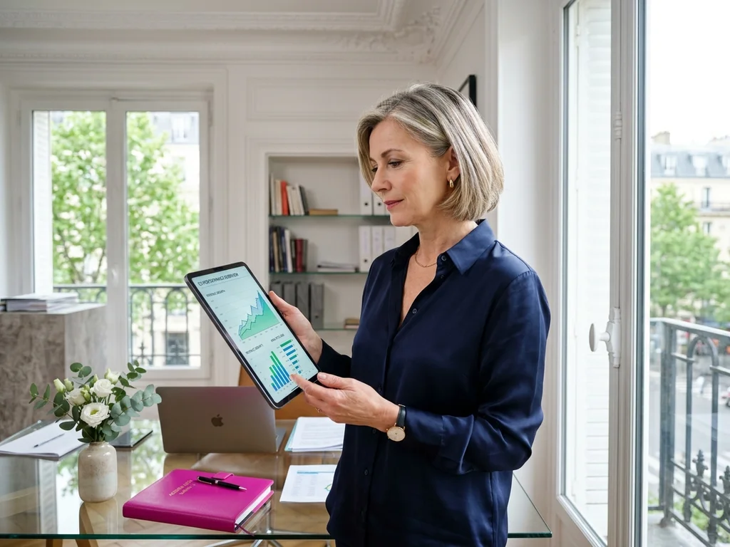 Une dirigeante à Neuilly analyse une courbe de croissance digitale ascendante sur une tablette tactile.